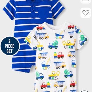 2-Piece Baby Romper Set - Blue Stripes and Construction Print